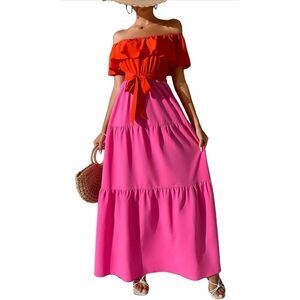 NEW Off Shoulder Ruffle Color Block Maxi Dress M NO BELT